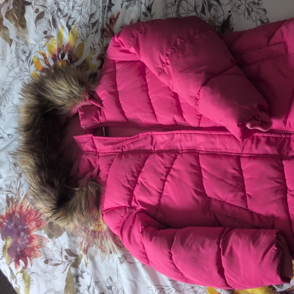 Arizona Jean Company Bright Pink Puffer Jacket with Faux Fur Hood